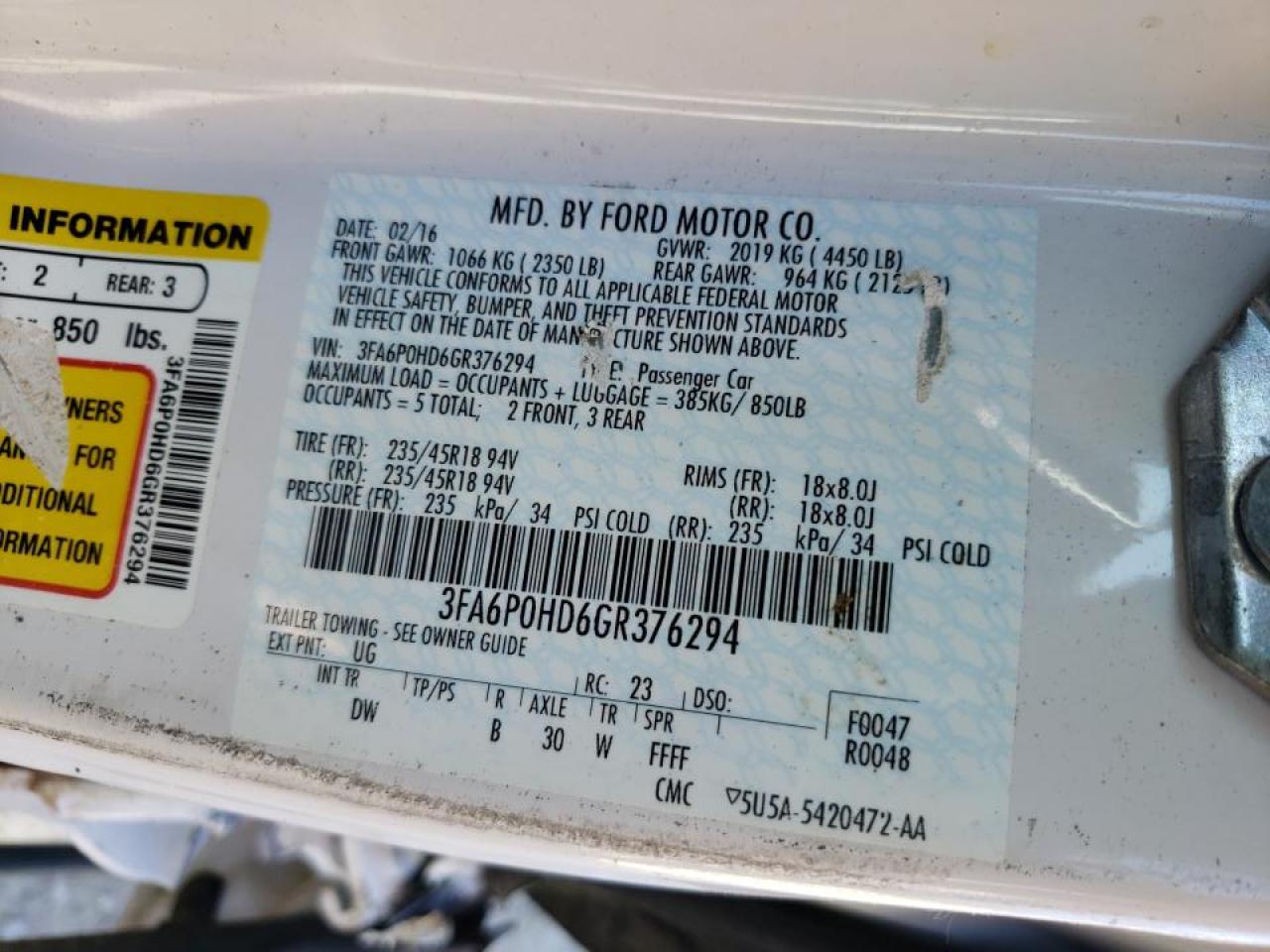 Photo 10 from auction – 2016 FORD FUSION SE with VIN 3FA6P0HD6GR376294