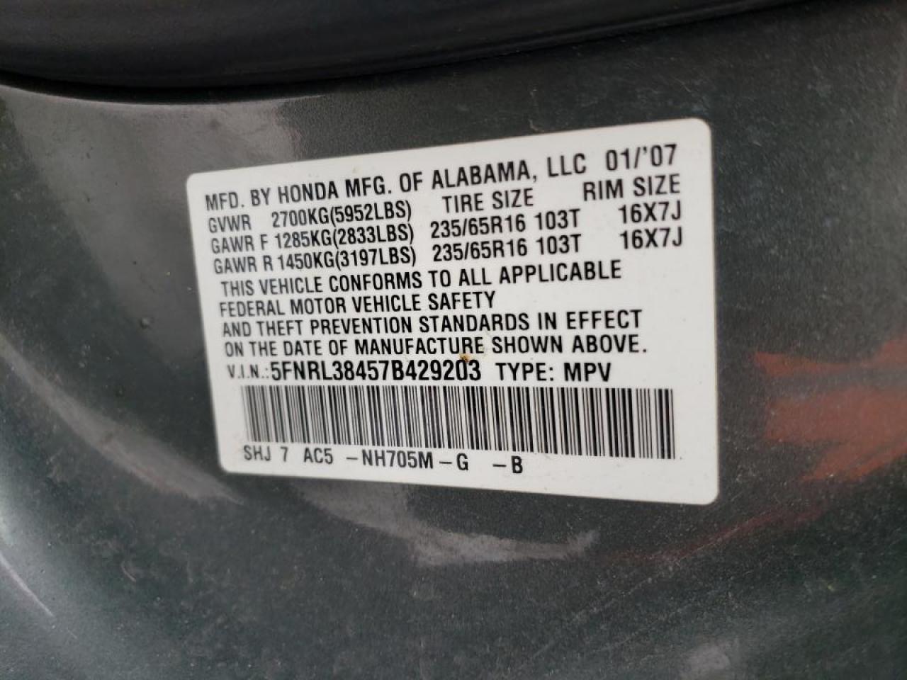 Photo 10 from auction – 2007 HONDA ODYSSEY EX with VIN 5FNRL38457B429203