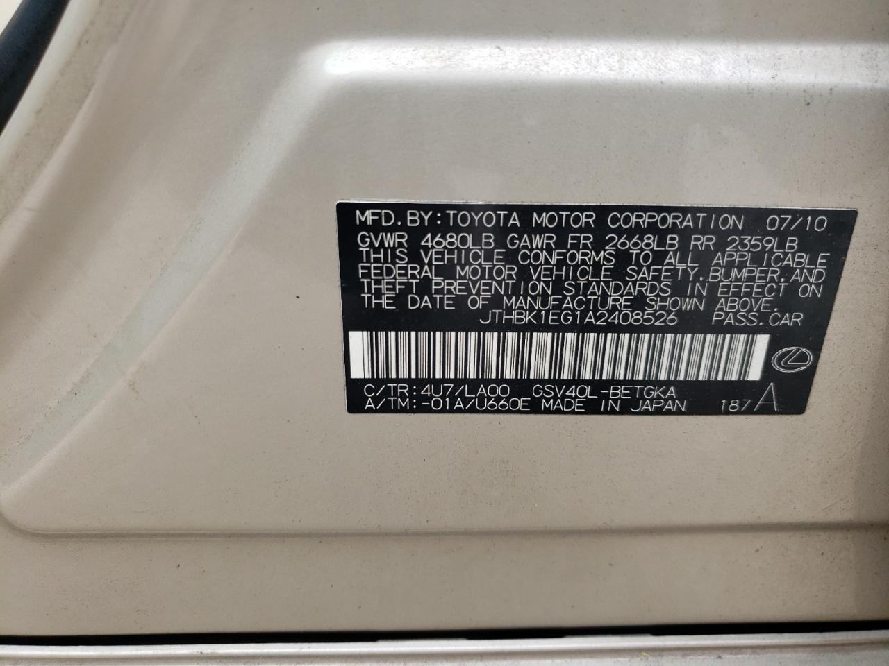 Photo 10 from auction – 2010 LEXUS ES 350 with VIN JTHBK1EG1A2408526