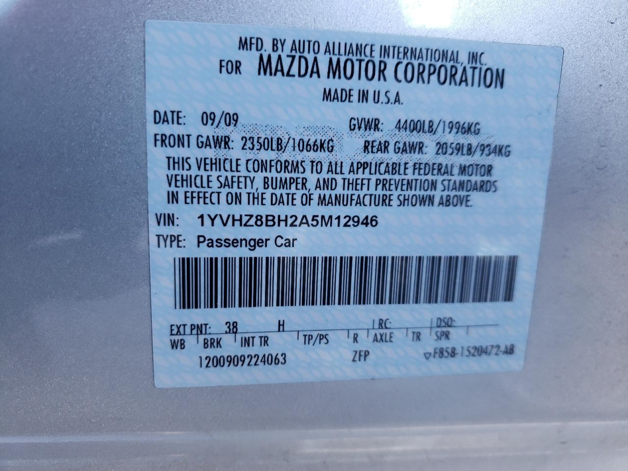 Photo 10 from auction – 2010 MAZDA 6 I with VIN 1YVHZ8BH2A5M12946