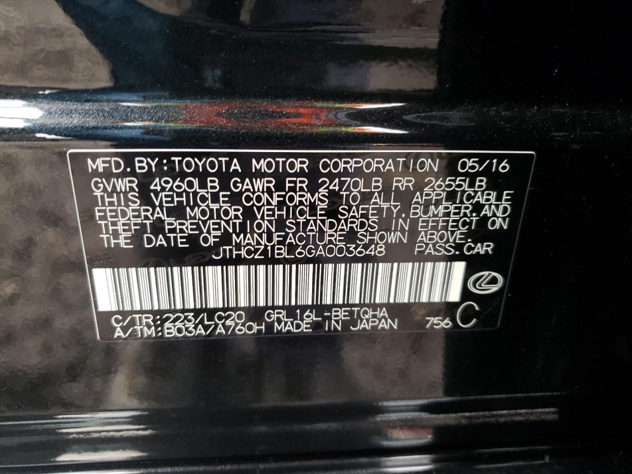 Photo 10 from auction – 2016 LEXUS GS 350 with VIN JTHCZ1BL6GA003648