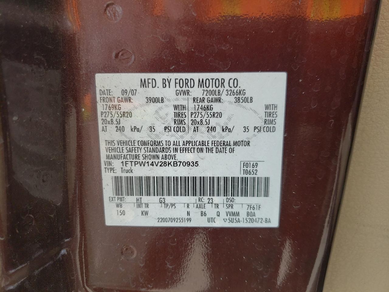 Photo 10 from auction – 2008 FORD F150 SUPER with VIN 1FTPW14V28KB70935