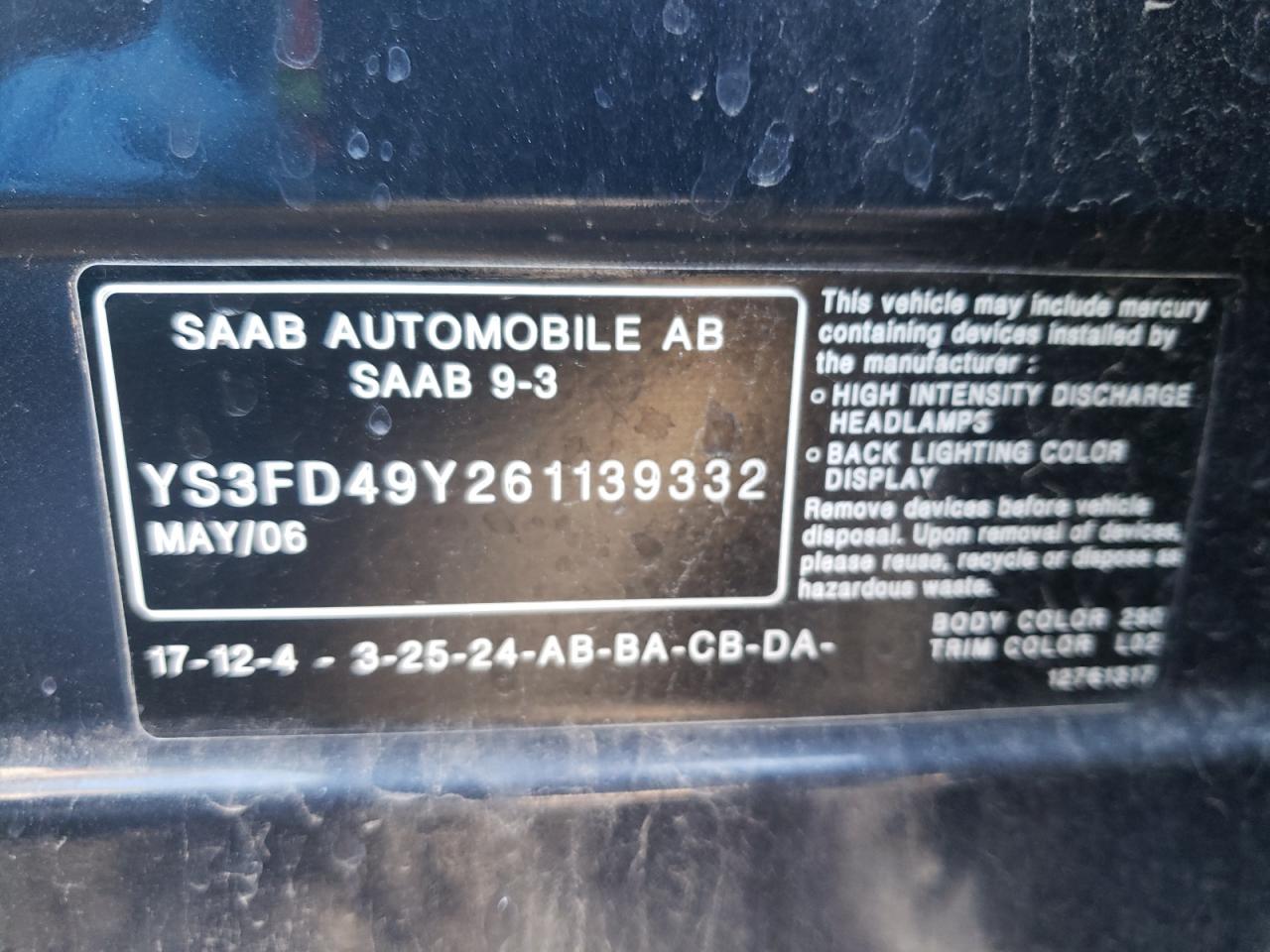 Photo 10 from auction – 2006 SAAB 9-3 with VIN YS3FD49Y261139332