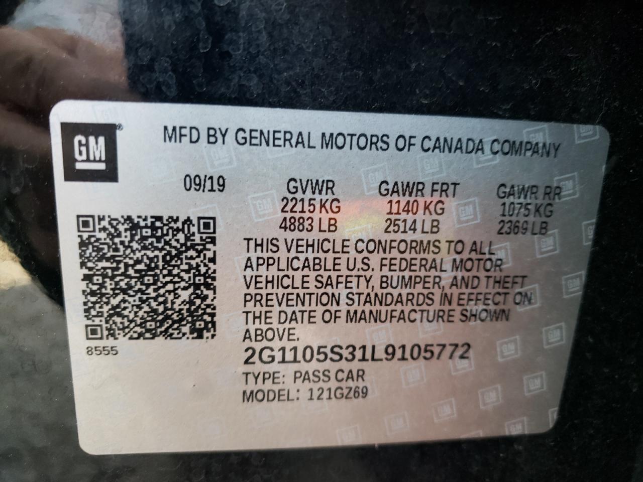 Photo 10 from auction – 2020 CHEVROLET IMPALA PRE with VIN 2G1105S31L9105772