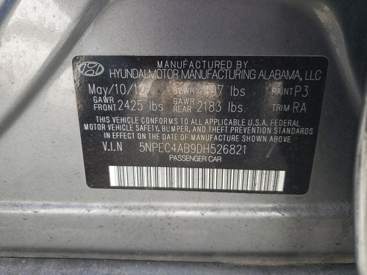 Photo 10 from auction – 2013 HYUNDAI SONATA SE with VIN 5NPEC4AB9DH526821