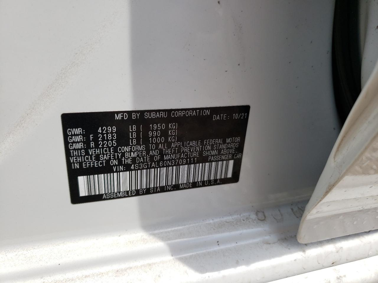 Photo 10 from auction – 2022 SUBARU IMPREZA SP with VIN 4S3GTAL60N3709111