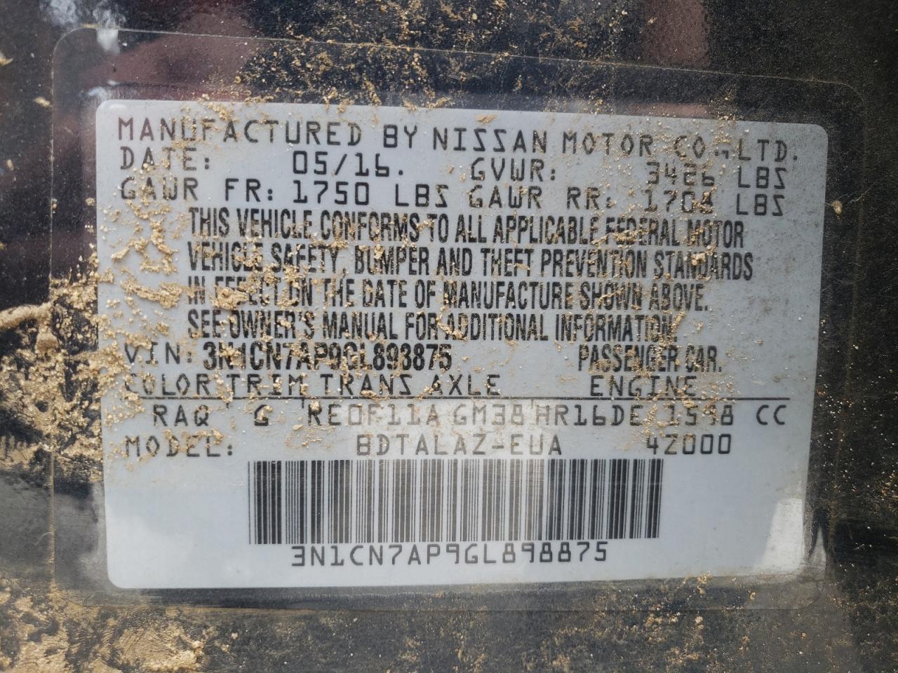 Photo 10 from auction – 2016 NISSAN VERSA S with VIN 3N1CN7AP9GL898875