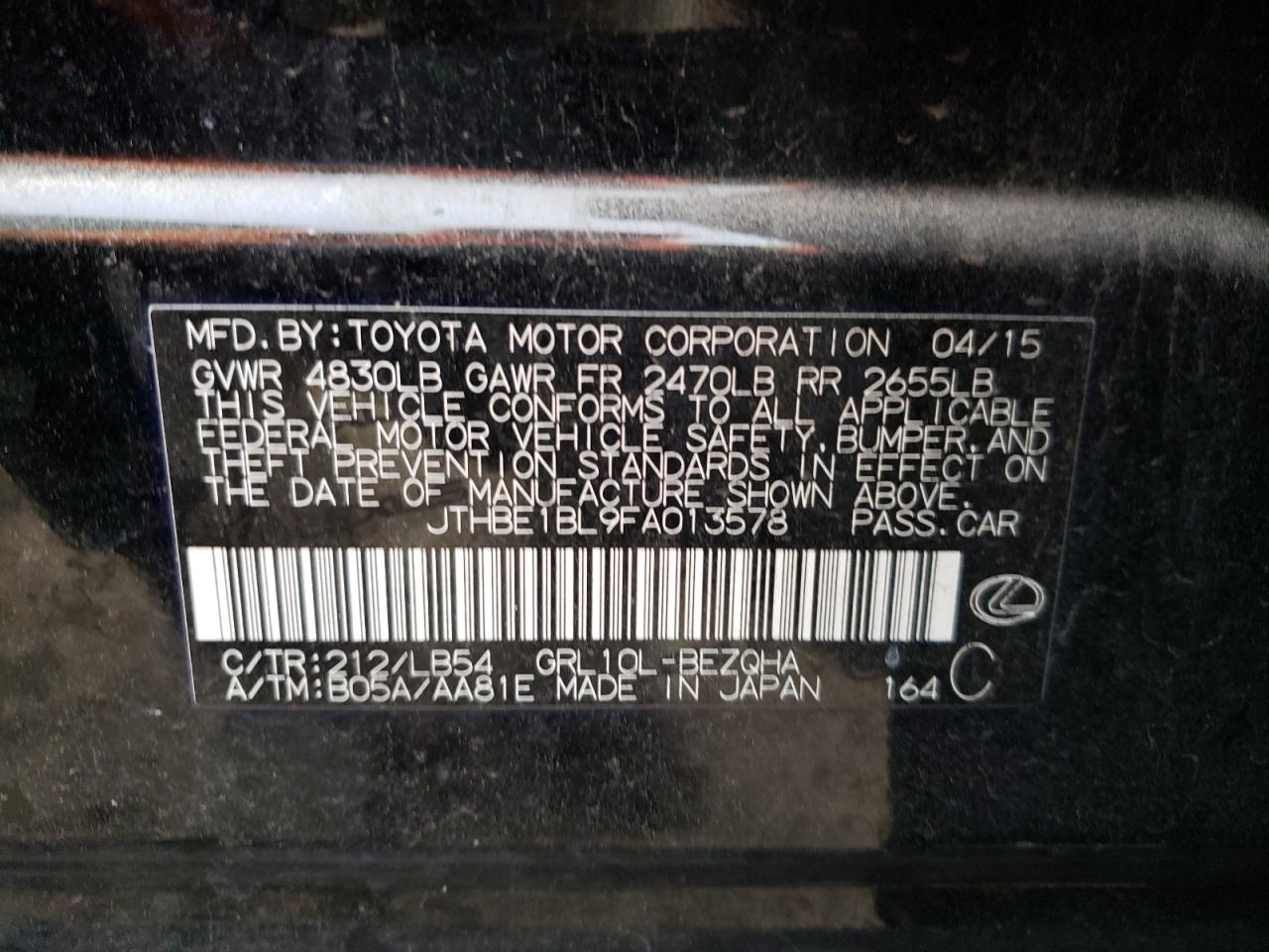 Photo 10 from auction – 2015 LEXUS GS350 with VIN JTHBE1BL9FA013578