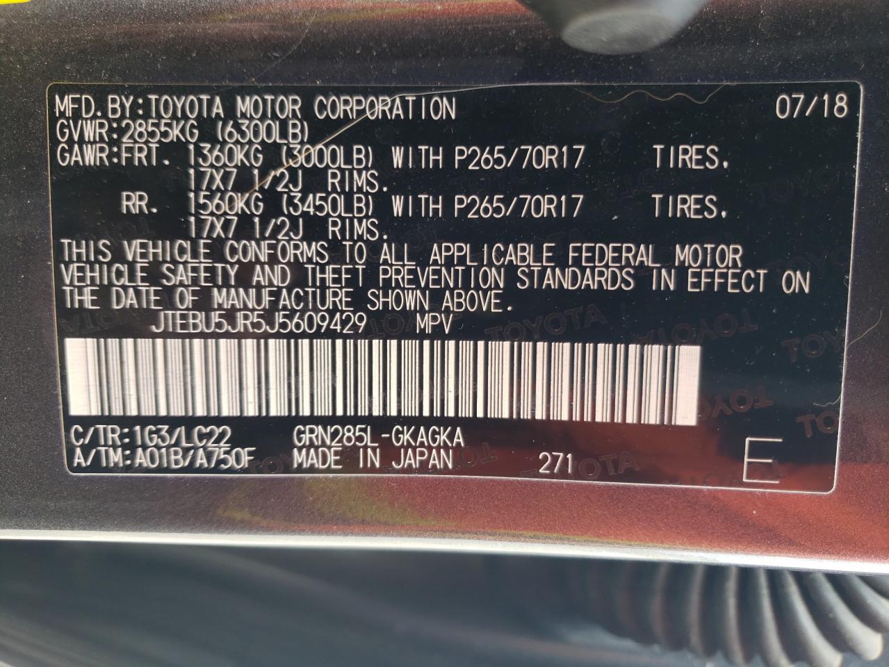 Photo 10 from auction – 2018 TOYOTA 4RUNNER SR with VIN JTEBU5JR5J5609429