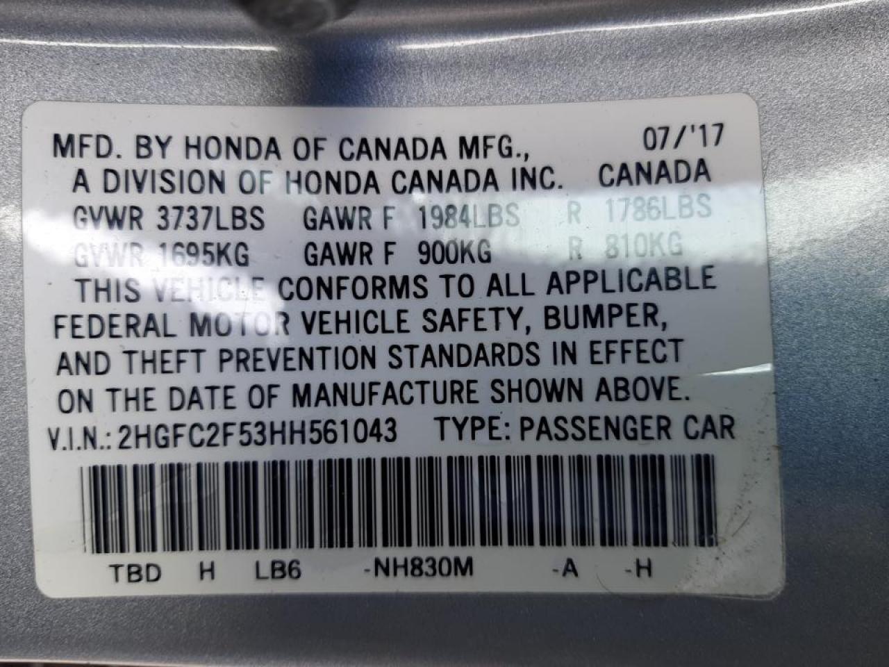 Photo 10 from auction – 2017 HONDA CIVIC LX with VIN 2HGFC2F53HH561043