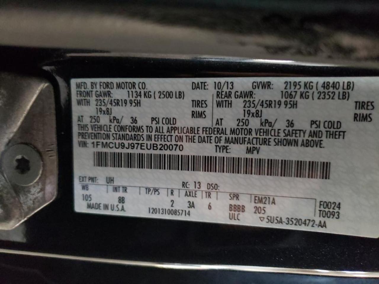 Photo 10 from auction – 2014 FORD ESCAPE TIT with VIN 1FMCU9J97EUB20070