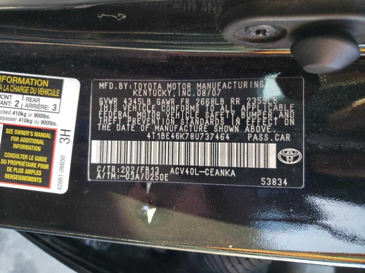 Photo 10 from auction – 2008 TOYOTA CAMRY with VIN 4T1BE46K78U737464