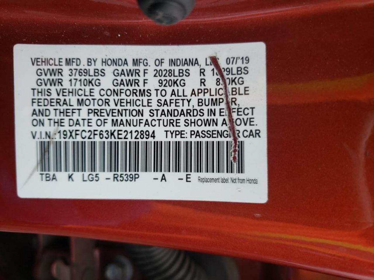 Photo 10 from auction – 2019 HONDA CIVIC LX with VIN 19XFC2F63KE212894
