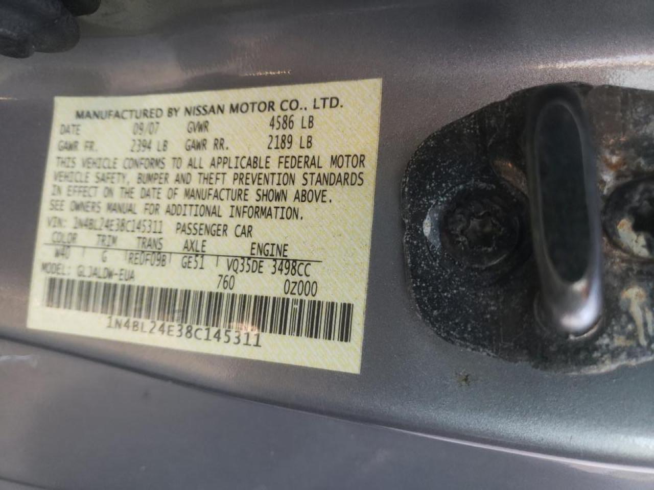 Photo 10 from auction – 2008 NISSAN ALTIMA 3.5 with VIN 1N4BL24E38C145311