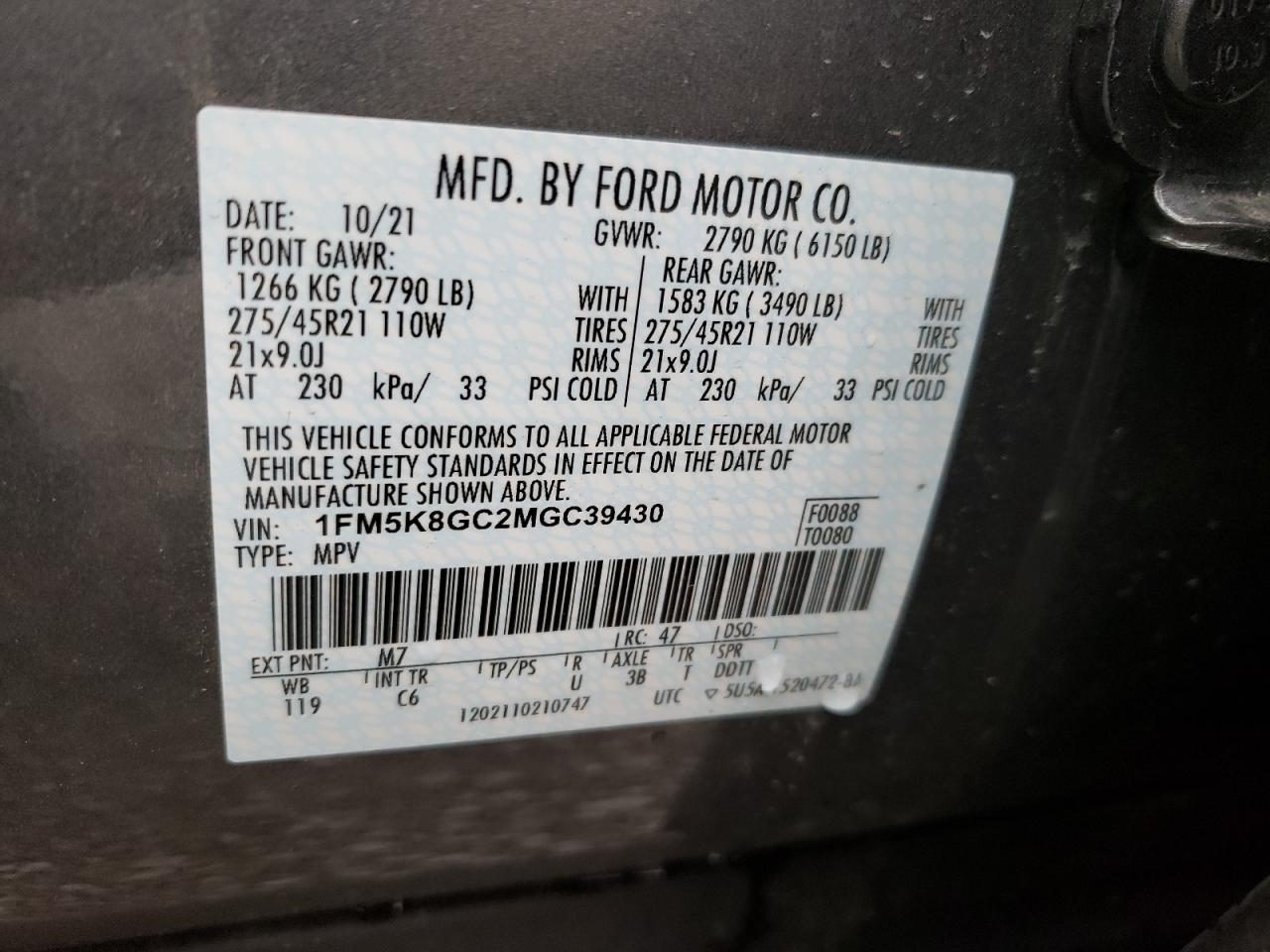 Photo 10 from auction – 2021 FORD EXPLORER S with VIN 1FM5K8GC2MGC39430