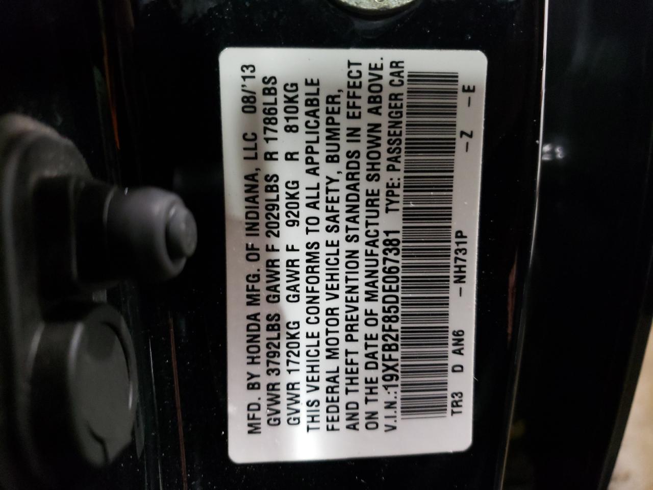 Photo 10 from auction – 2013 HONDA CIVIC EX with VIN 19XFB2F85DE067381