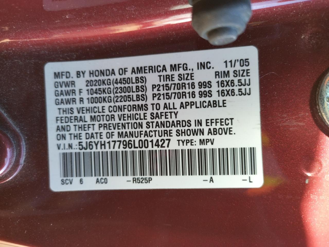 Photo 10 from auction – 2006 HONDA ELEMENT EX with VIN 5J6YH17796L001427