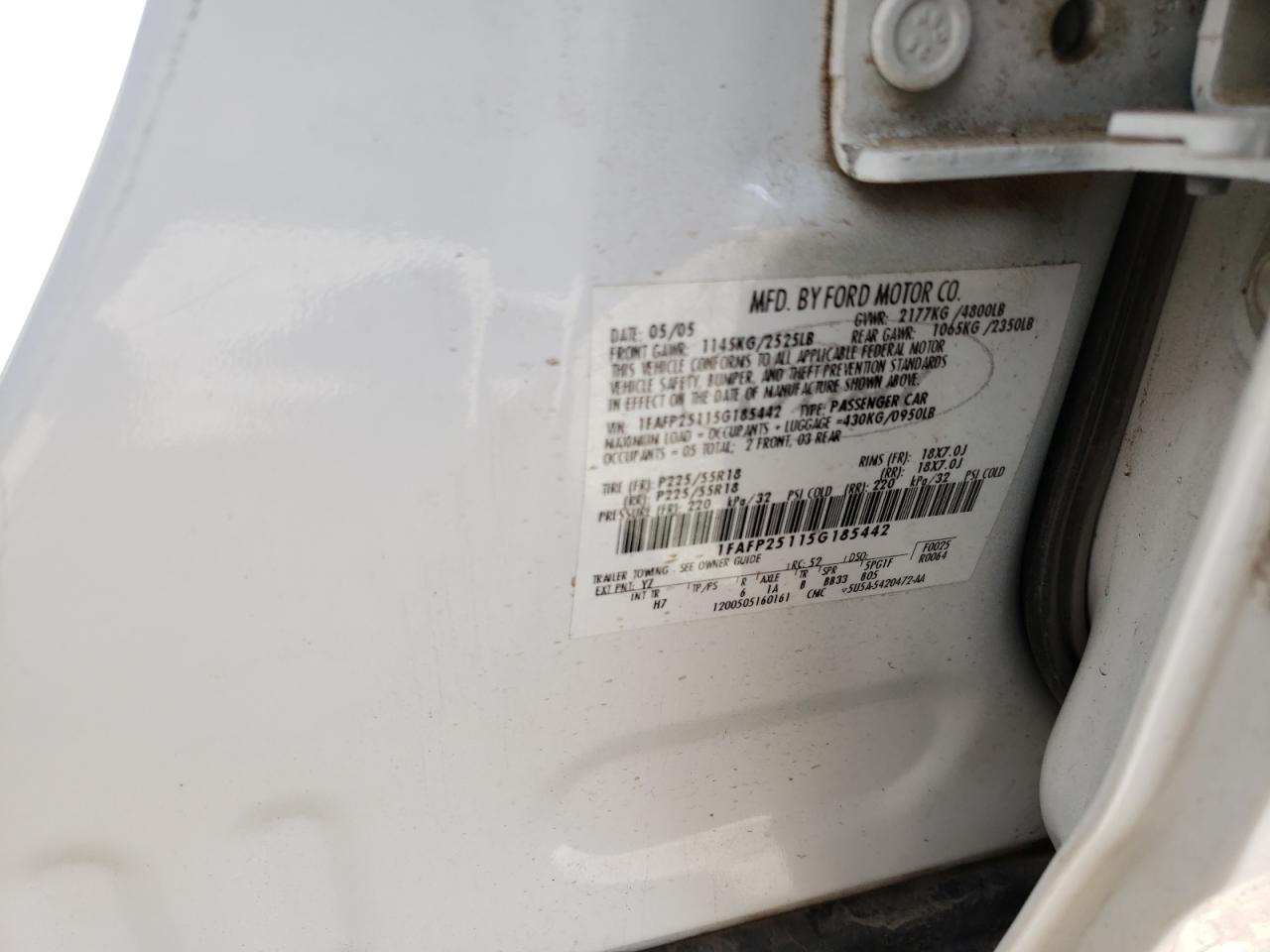 Photo 10 from auction – 2005 FORD FIVE HUNDR with VIN 1FAFP25115G185442
