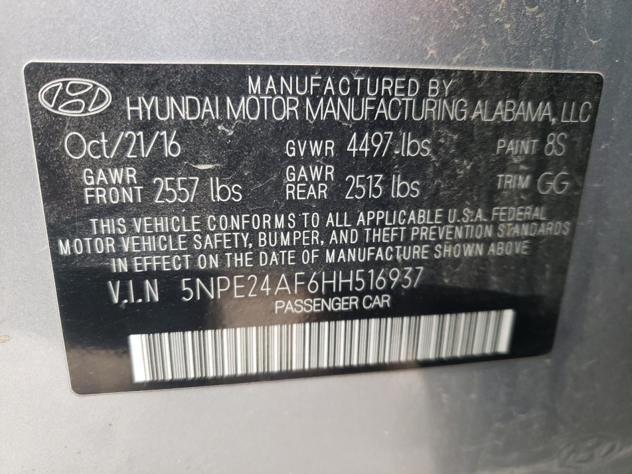 Photo 10 from auction – 2017 HYUNDAI SONATA SE with VIN 5NPE24AF6HH516937