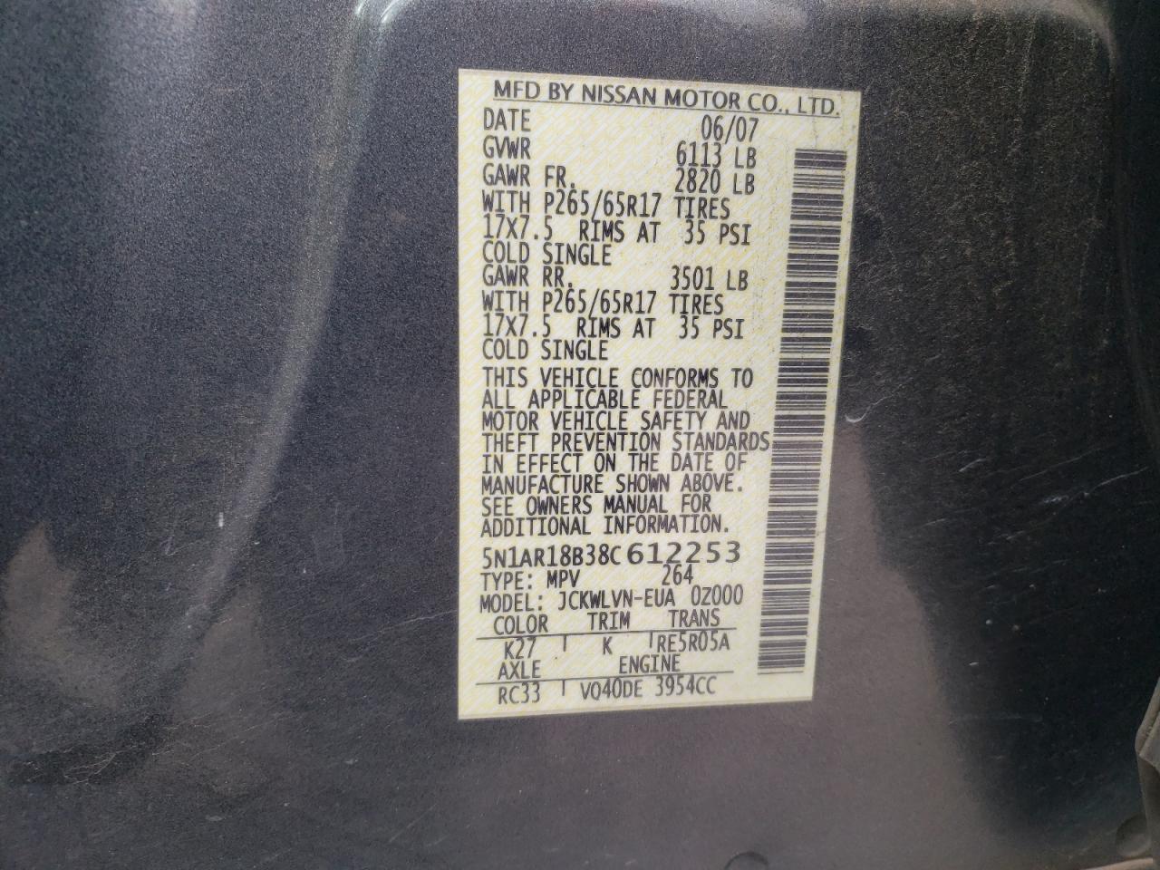 Photo 10 from auction – 2008 NISSAN PATHFINDER with VIN 5N1AR18B38C612253