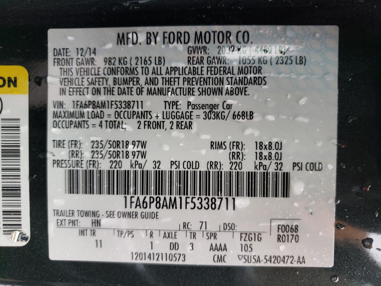 Photo 10 from auction – 2015 FORD MUSTANG with VIN 1FA6P8AM1F5338711