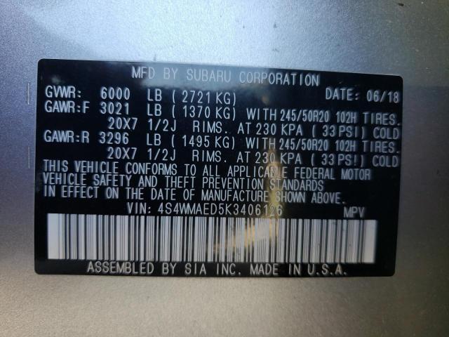Photo 10 from auction – 2019 SUBARU ASCENT PRE with VIN 4S4WMAED5K3406126
