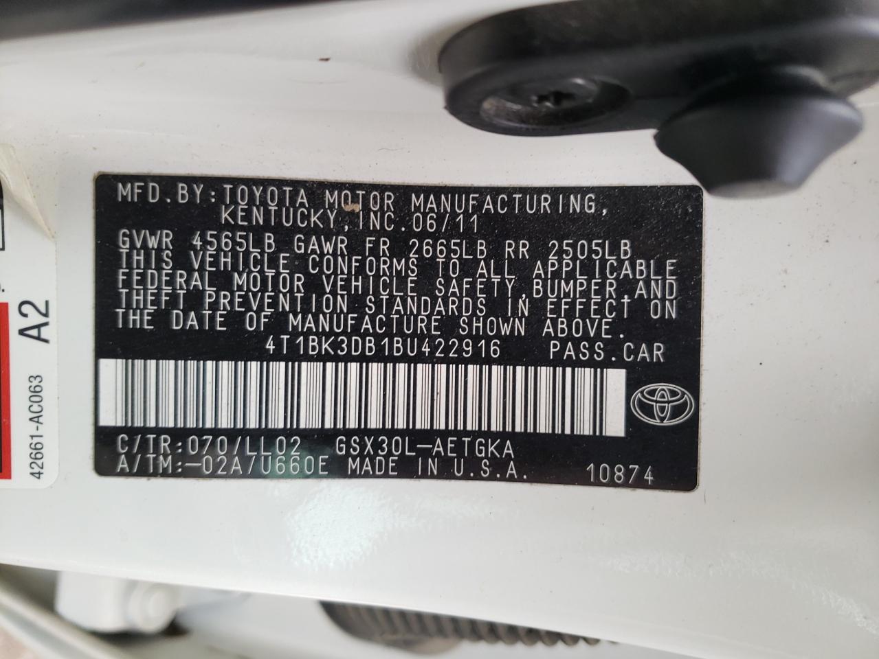 Фото 10 с аукциона – 2011 TOYOTA AVALON BAS с VIN 4T1BK3DB1BU422916