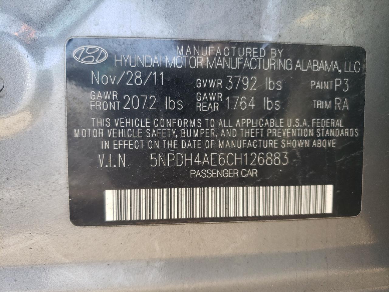 Photo 10 from auction – 2012 HYUNDAI ELANTRA GL with VIN 5NPDH4AE6CH126883