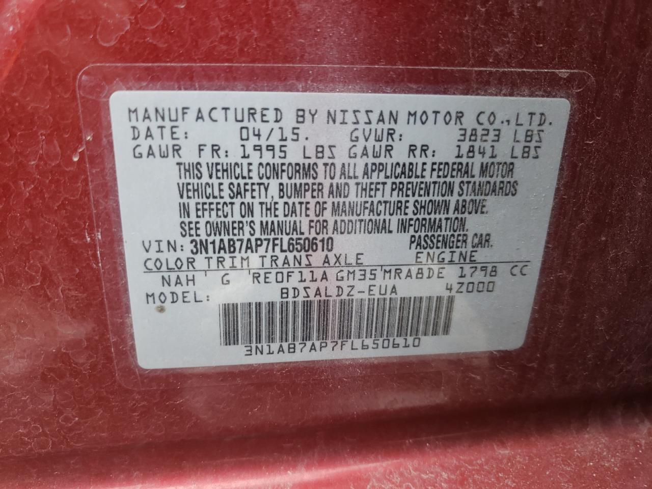 Photo 10 from auction – 2015 NISSAN SENTRA S with VIN 3N1AB7AP7FL650610