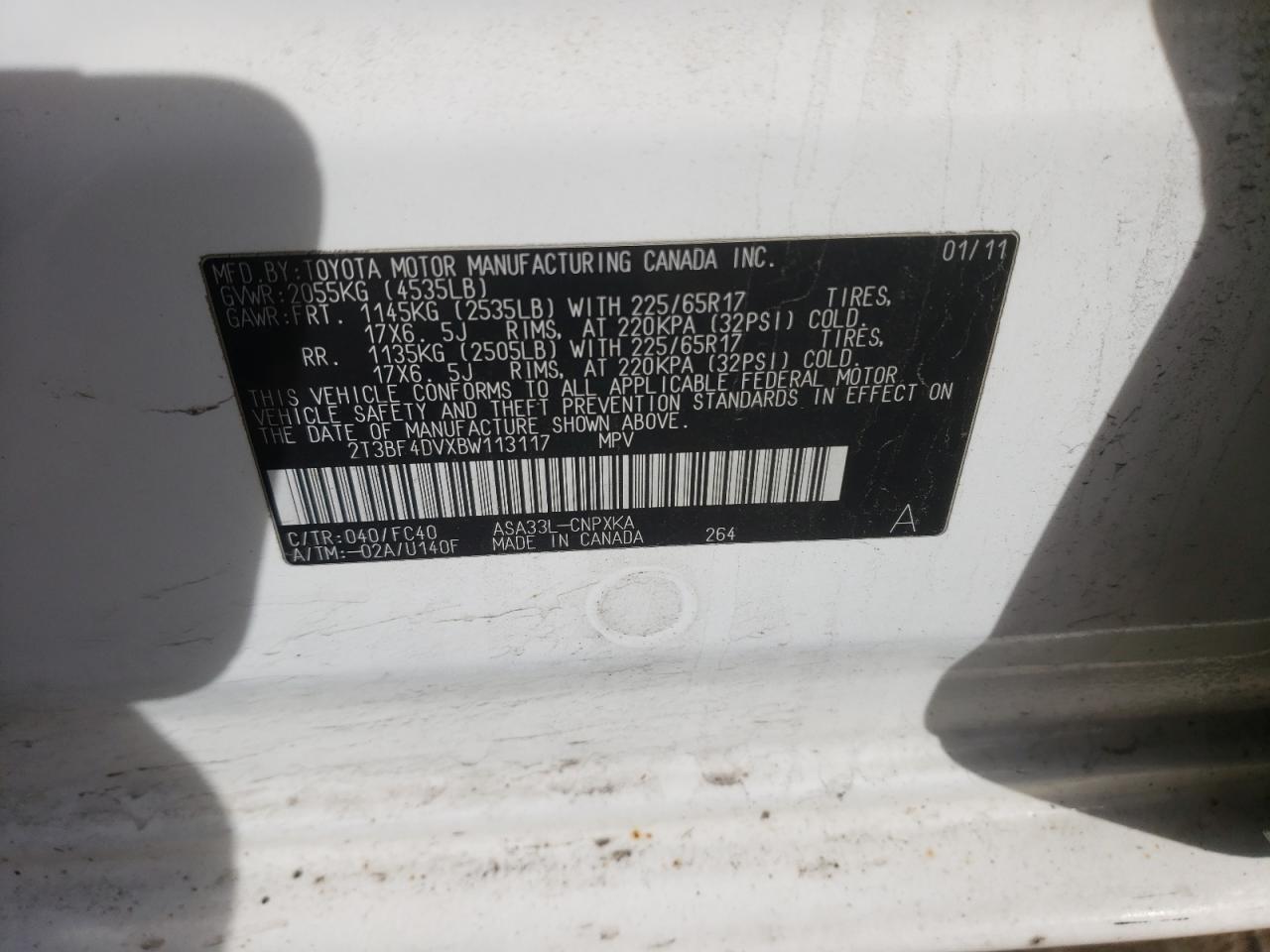 Photo 10 from auction – 2011 TOYOTA RAV4 with VIN 2T3BF4DVXBW113117