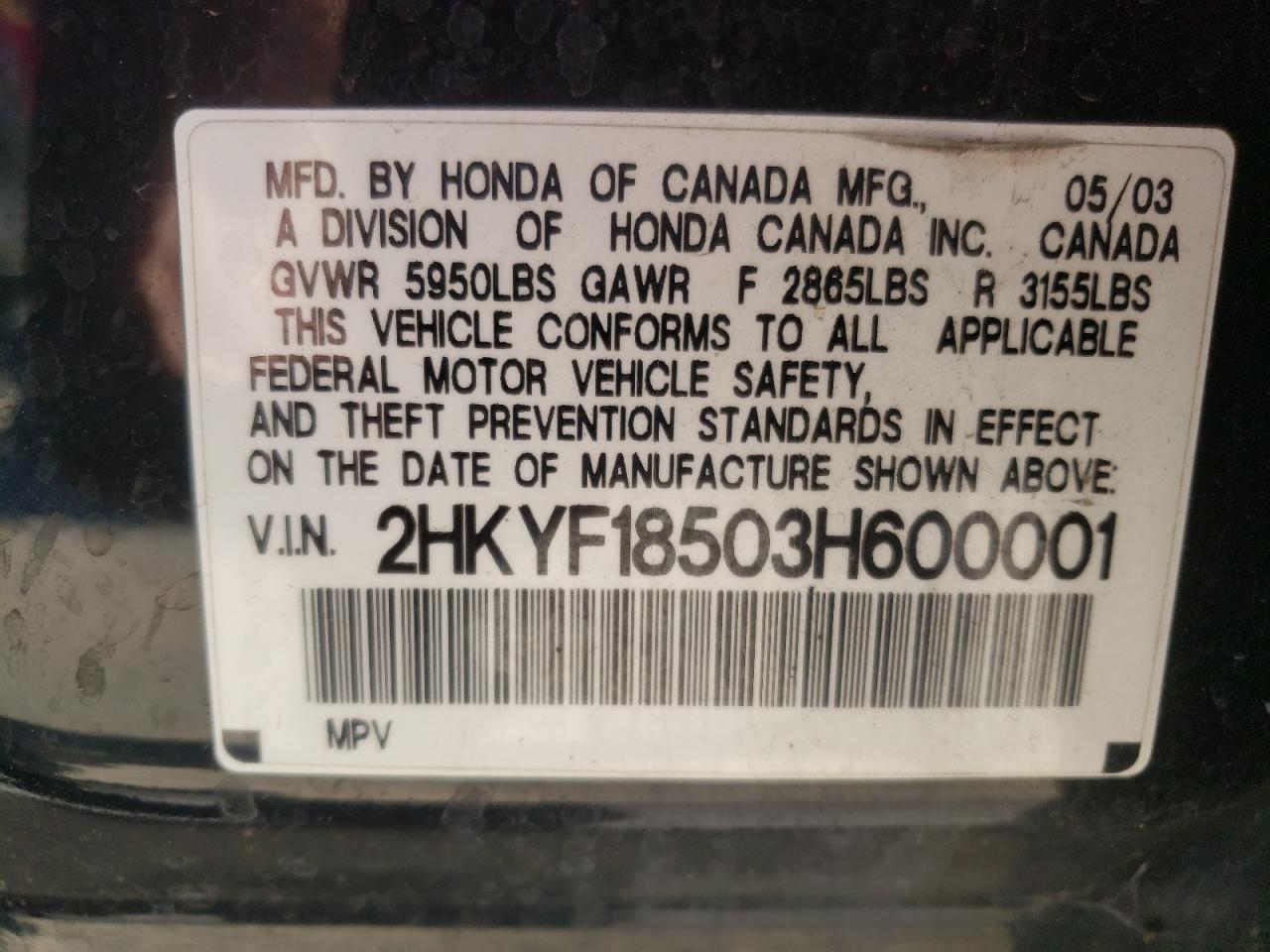 Photo 10 from auction – 2003 HONDA PILOT EXL with VIN 2HKYF18503H600001
