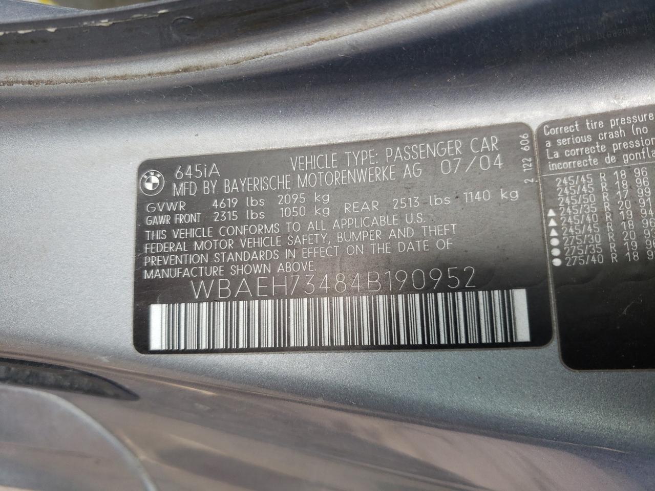 Photo 10 from auction – 2004 BMW 645 CI AUT with VIN WBAEH73484B190952