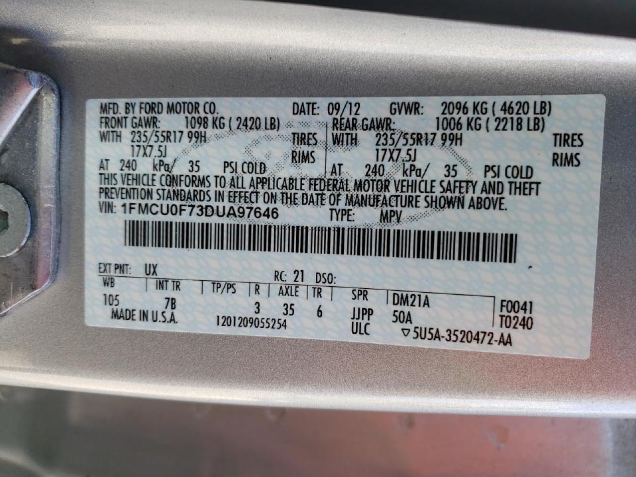 Photo 10 from auction – 2013 FORD ESCAPE S with VIN 1FMCU0F73DUA97646