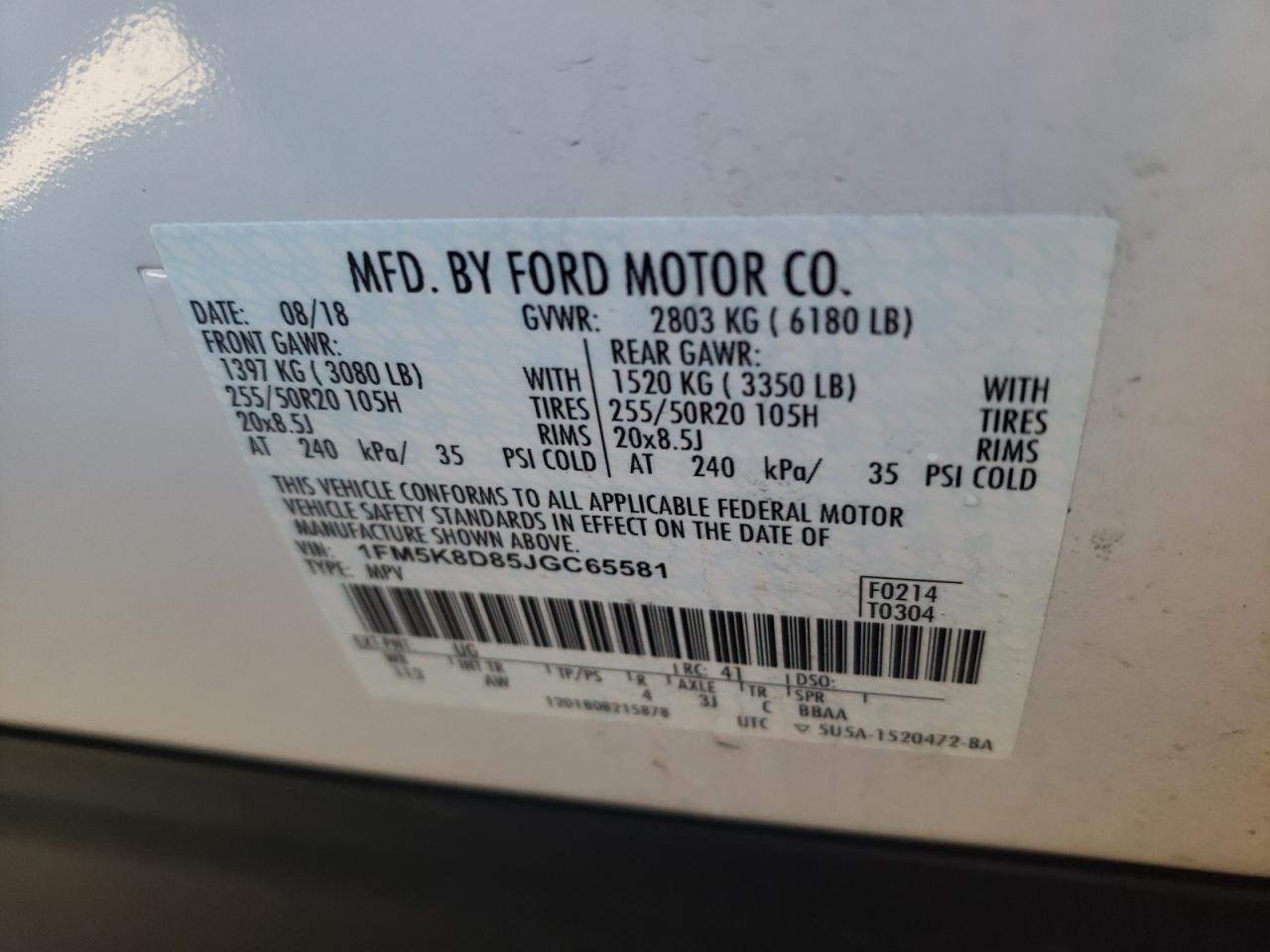 Photo 10 from auction – 2018 FORD EXPLORER X with VIN 1FM5K8D85JGC65581