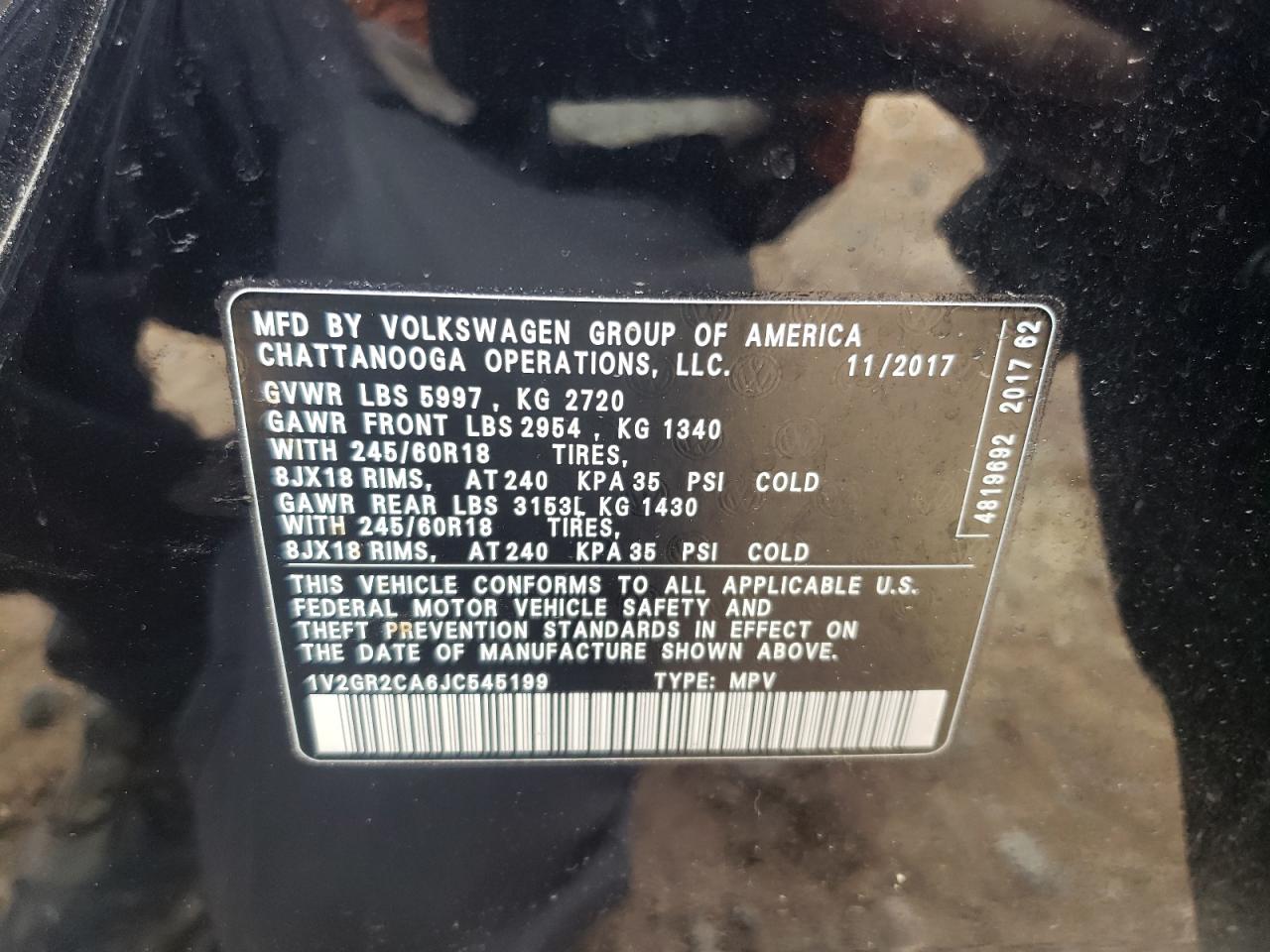 Photo 10 from auction – 2018 VOLKSWAGEN ATLAS S with VIN 1V2GR2CA6JC545199