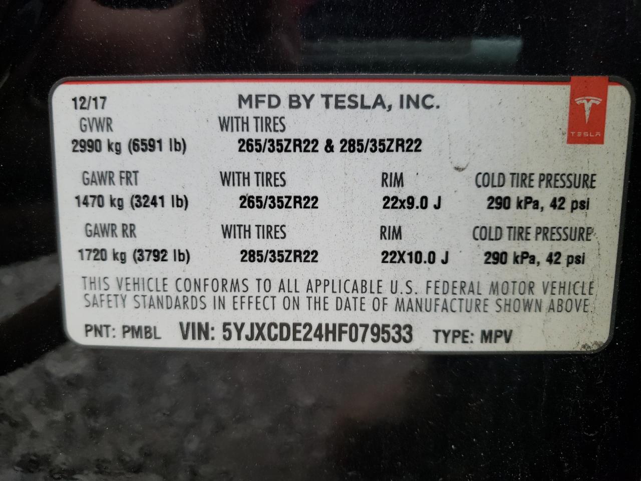 Photo 10 from auction – 2017 TESLA MODEL X with VIN 5YJXCDE24HF079533