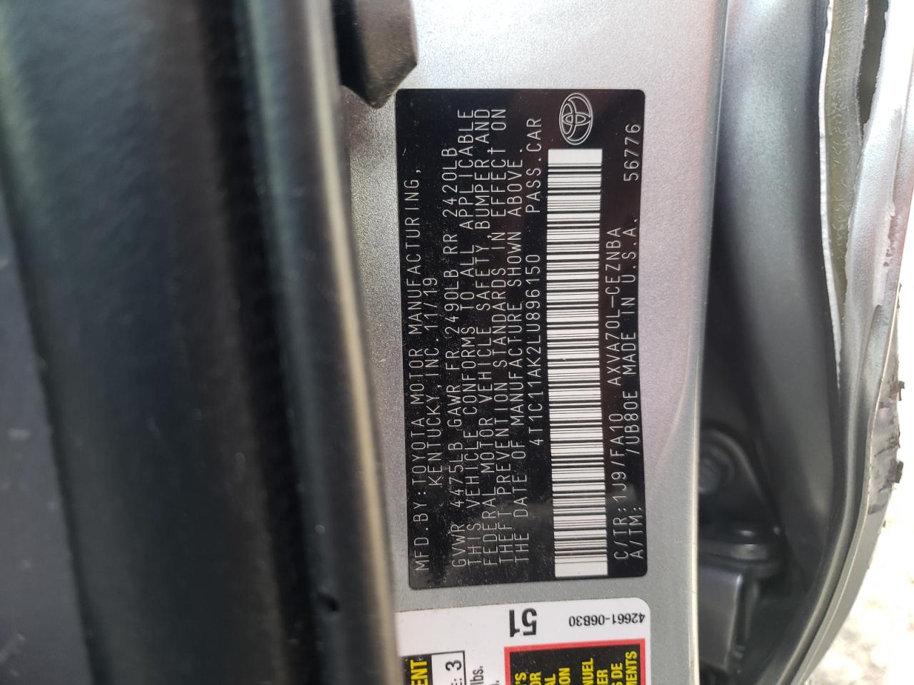 Photo 10 from auction – 2020 TOYOTA CAMRY LE with VIN 4T1C11AK2LU896150