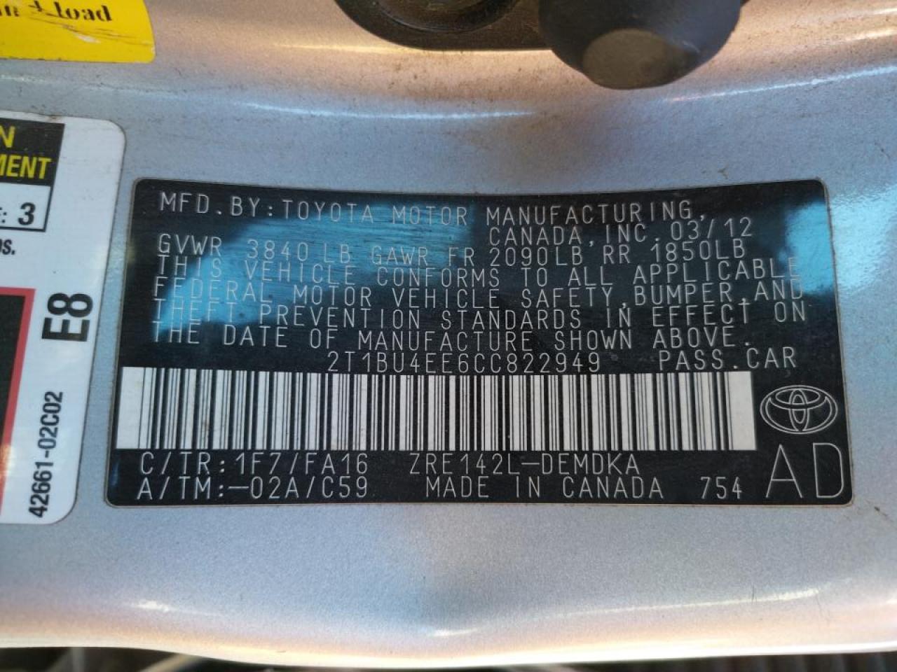 Photo 10 from auction – 2012 TOYOTA COROLLA BA with VIN 2T1BU4EE6CC822949