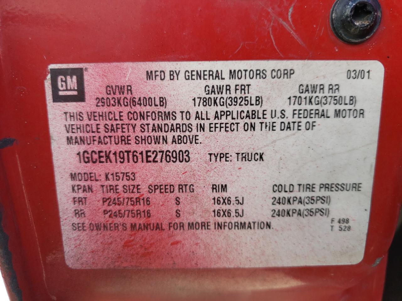 Photo 10 from auction – 2001 CHEVROLET SILVERADO with VIN 1GCEK19T61E276903