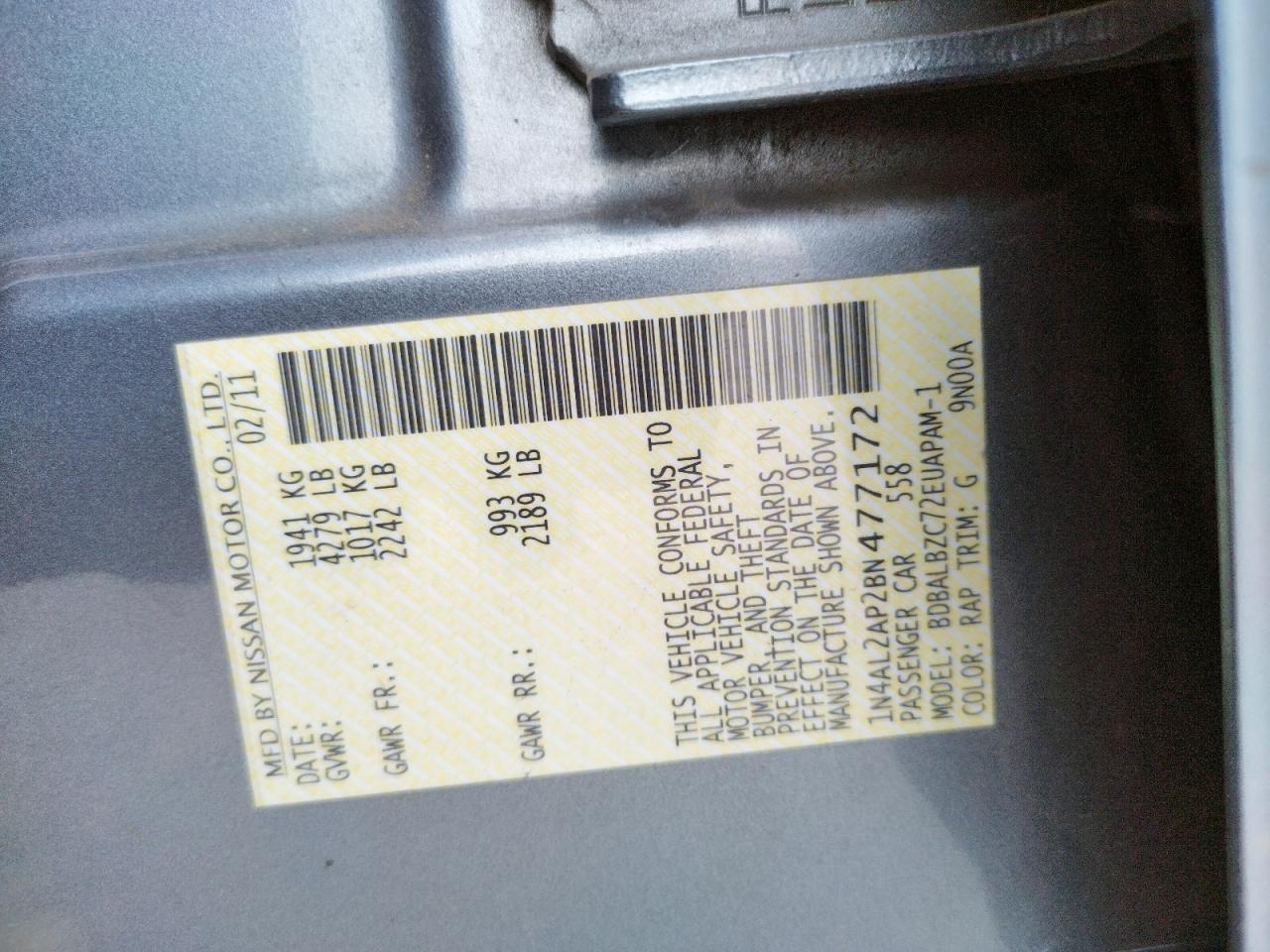 Photo 10 from auction – 2011 NISSAN ALTIMA BAS with VIN 1N4AL2AP2BN477172