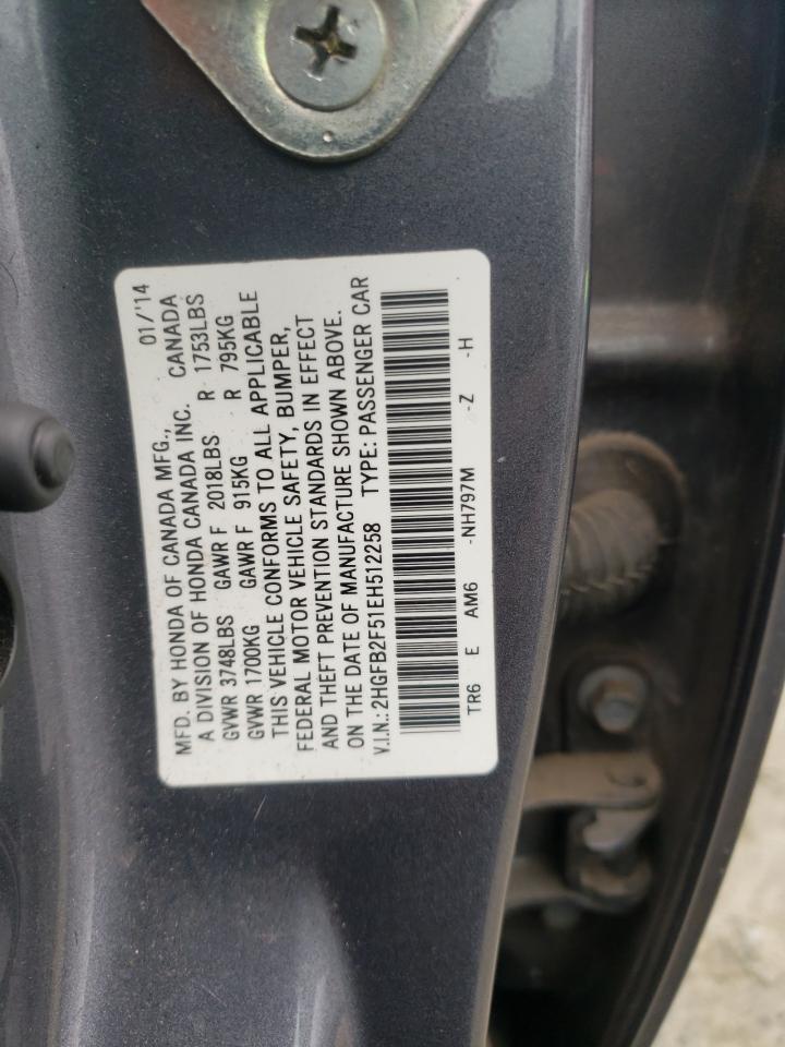 Photo 10 from auction – 2014 HONDA CIVIC LX with VIN 2HGFB2F51EH512258