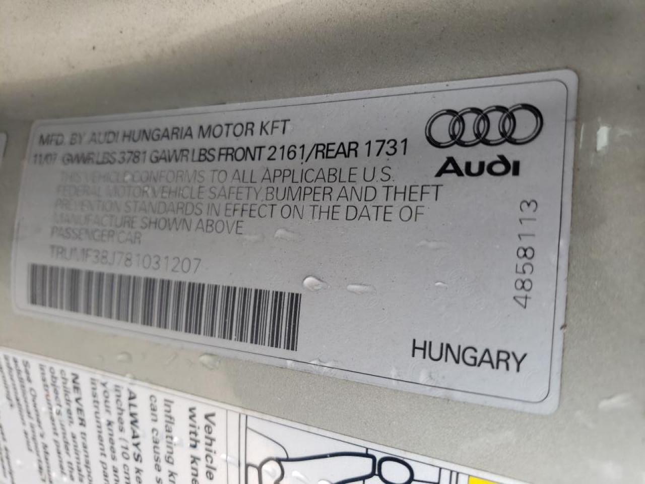 Photo 10 from auction – 2008 AUDI TT 2.0T with VIN TRUMF38J781031207
