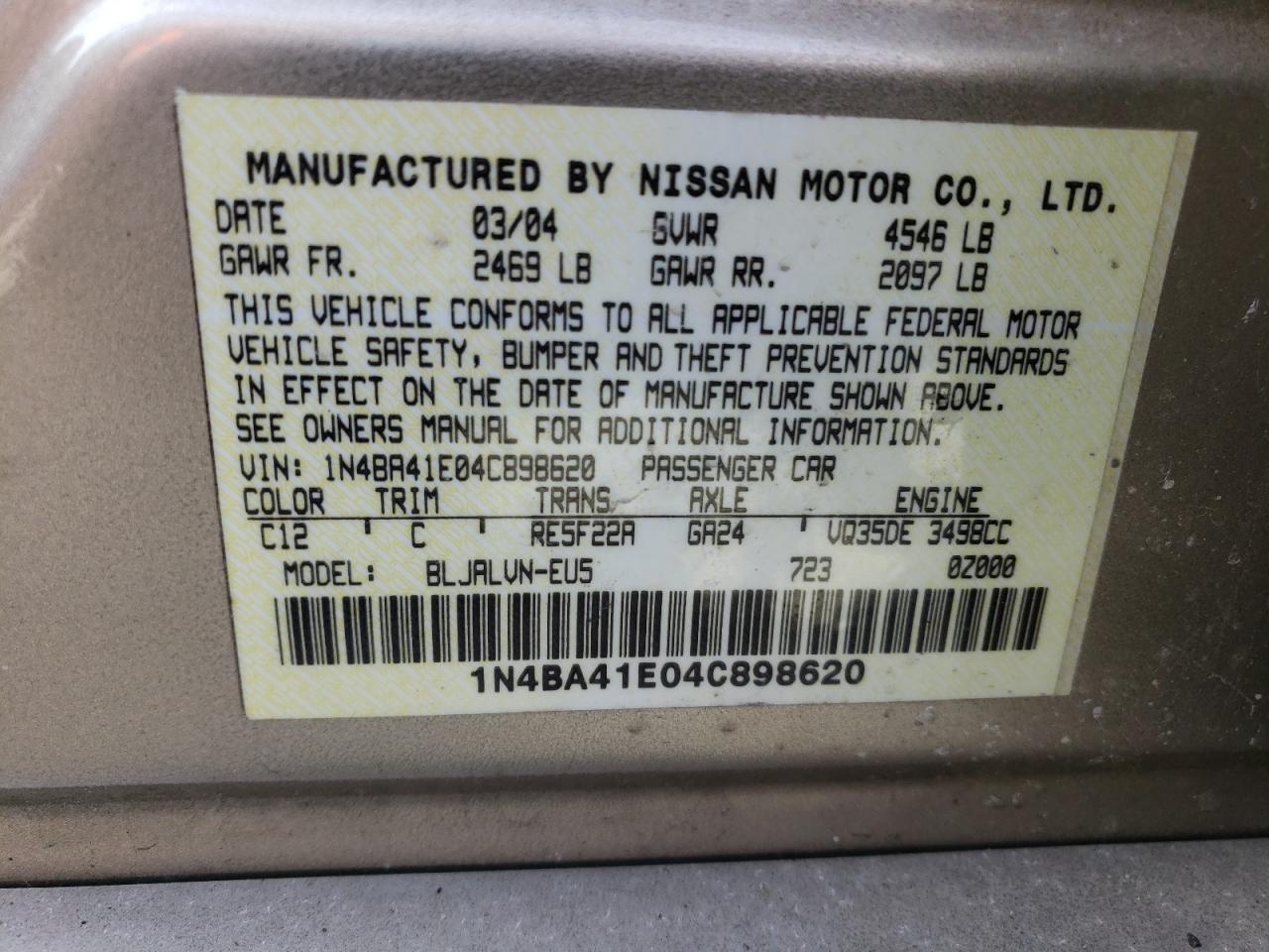 Photo 10 from auction – 2004 NISSAN MAXIMA SE with VIN 1N4BA41E04C898620