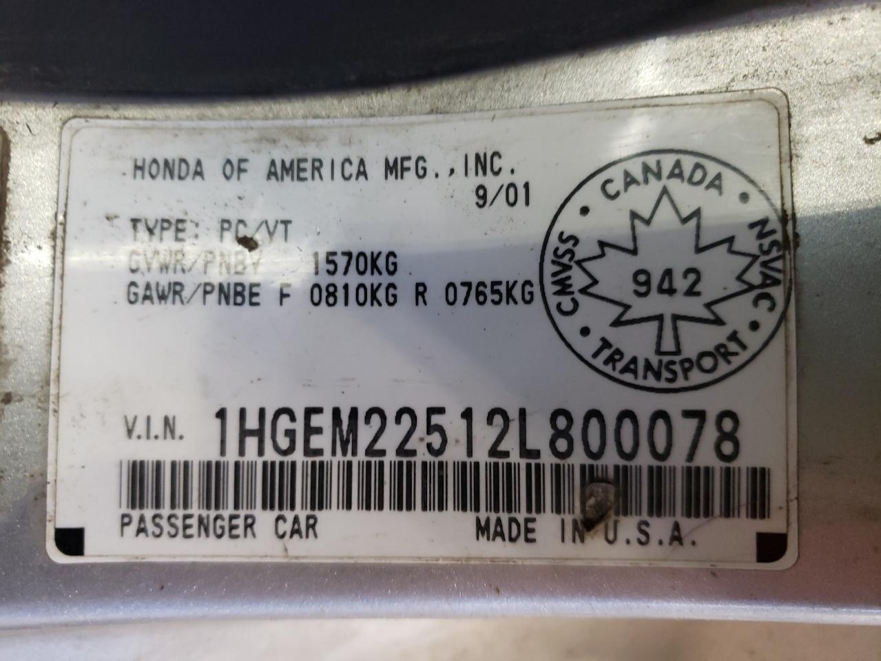 Photo 10 from auction – 2002 HONDA CIVIC LX with VIN 1HGEM22512L800078