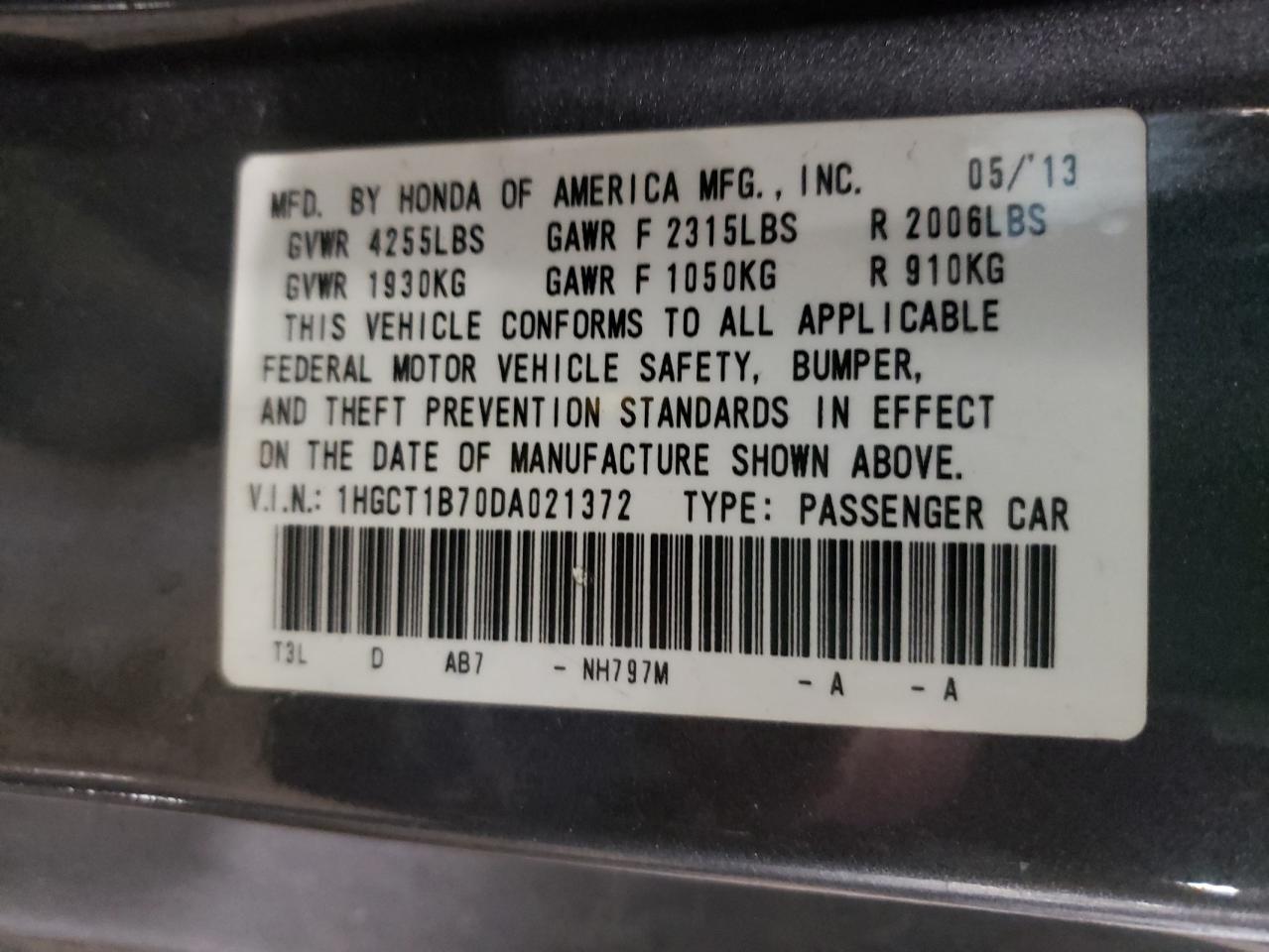 Photo 10 from auction – 2013 HONDA ACCORD EX with VIN 1HGCT1B70DA021372
