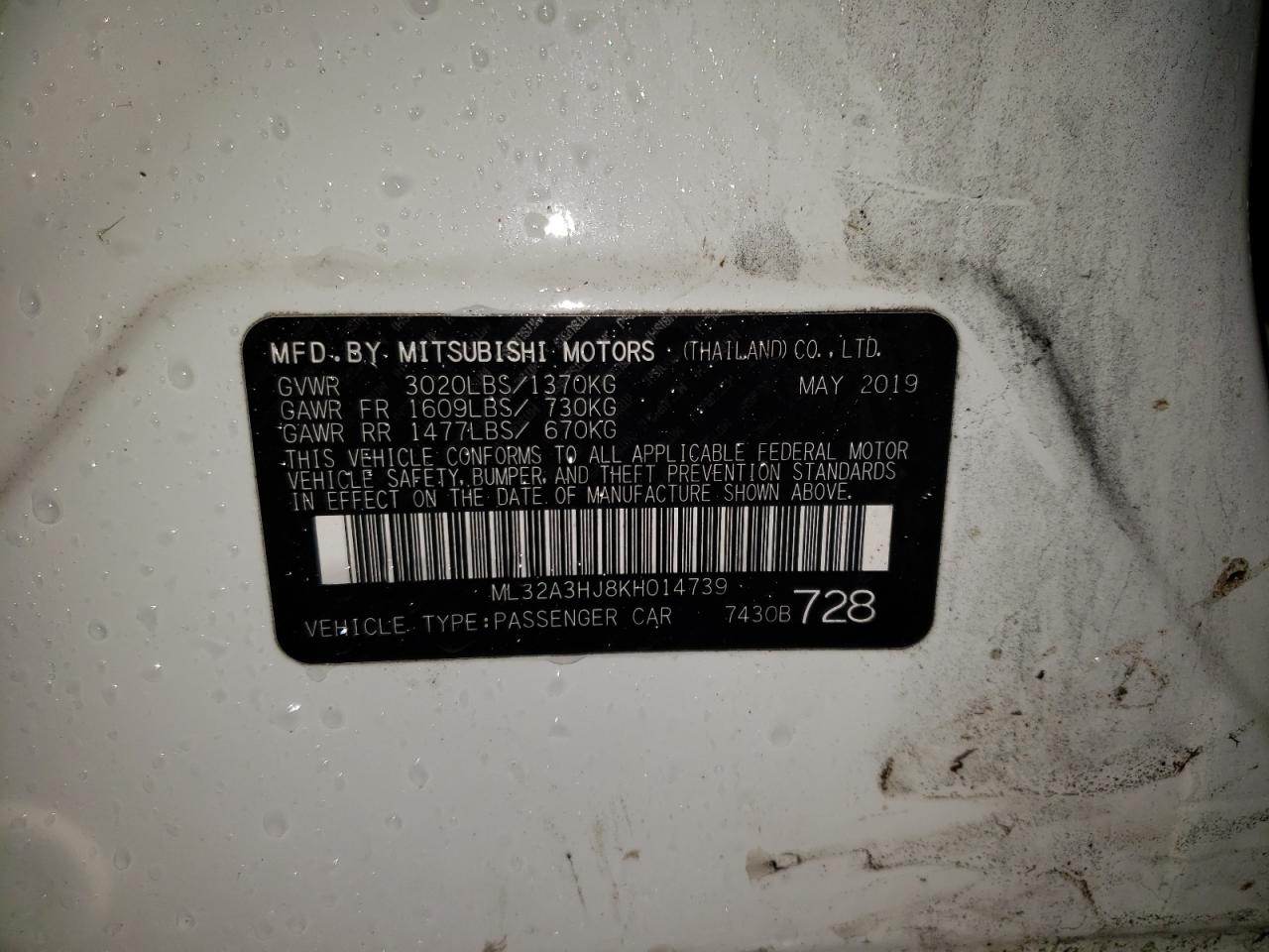 Photo 10 from auction – 2019 MITSUBISHI MIRAGE ES with VIN ML32A3HJ8KH014739