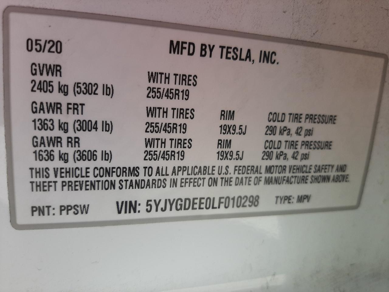 Photo 10 from auction – 2020 TESLA MODEL Y with VIN 5YJYGDEE0LF010298