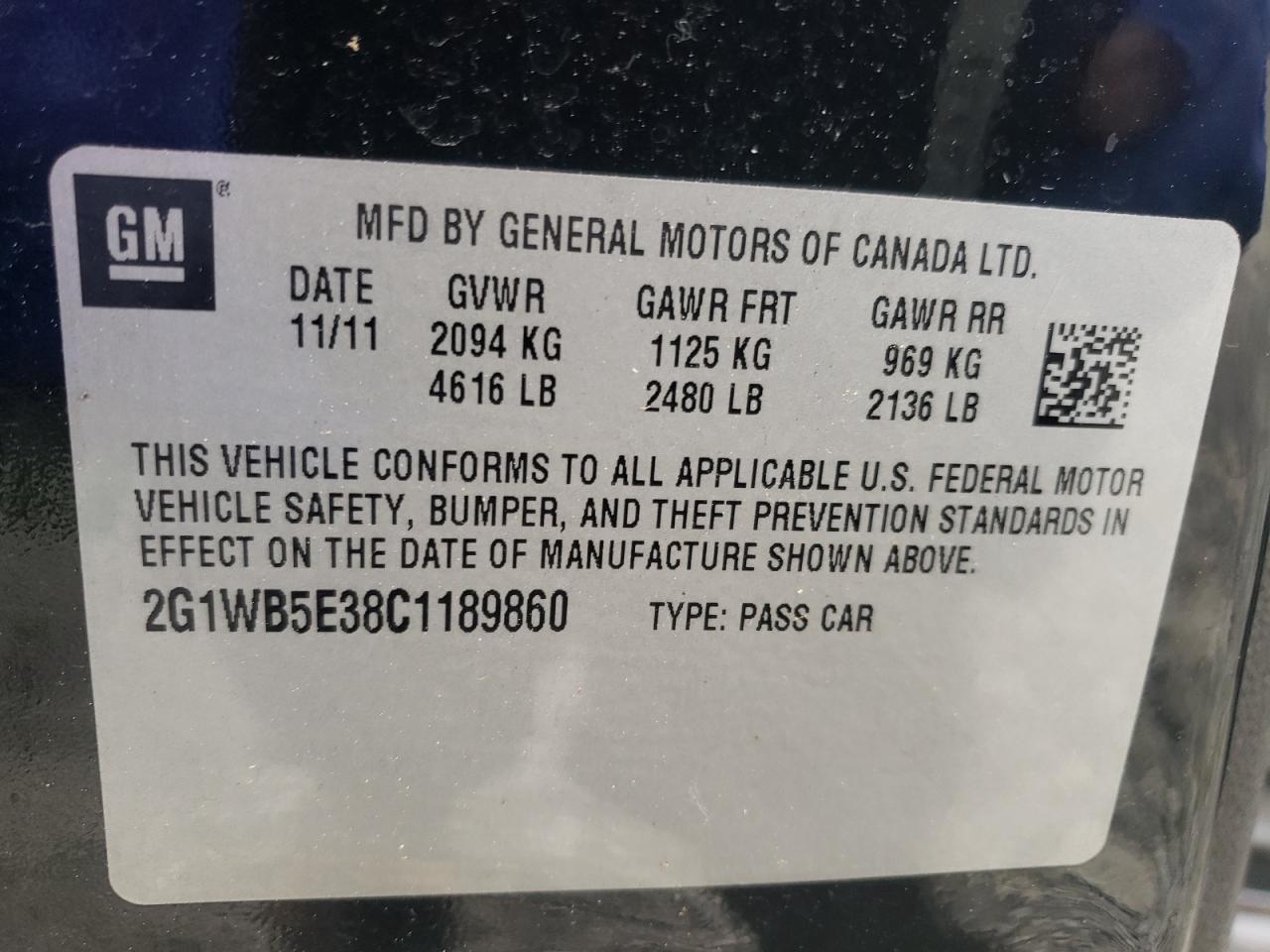 Photo 10 from auction – 2012 CHEVROLET IMPALA LT with VIN 2G1WB5E38C1189860