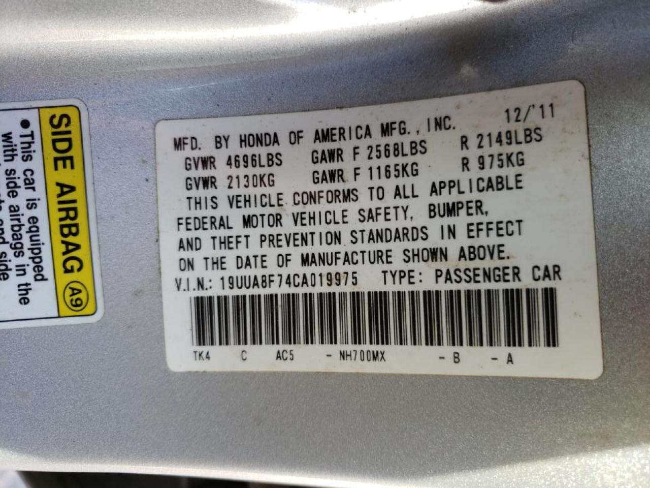 Photo 10 from auction – 2012 ACURA TL with VIN 19UUA8F74CA019975
