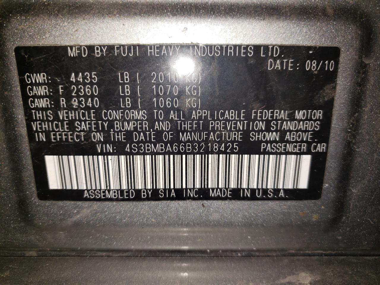Photo 10 from auction – 2011 SUBARU LEGACY 2.5 with VIN 4S3BMBA66B3218425
